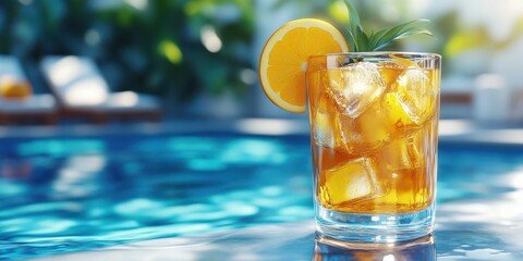 Refreshing cocktail on a sunny day by the pool with vibrant colors and ice cubes melting in a glass of tropical delight
