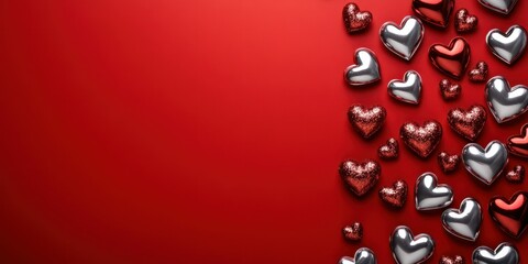Decorative hearts in various colors and textures create a festive atmosphere for love-themed celebrations