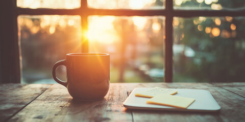 Coffee mug on table with notes and morning sunlight