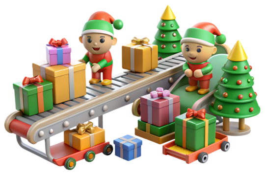 Christmas Elves with Gifts on Conveyor Belt and Christmas Trees isolated on a transparent background