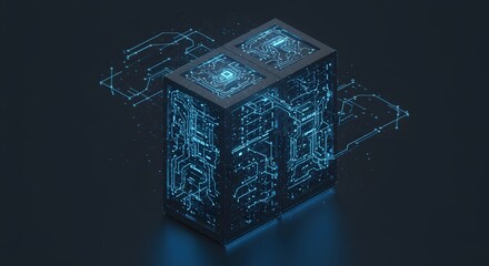 Circuit Board Cube with Glowing Lines
