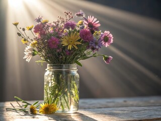 A vibrant bouquet of wildflowers in a glass jar bathed in soft ethereal sunlight creating a serene and natural ambiance