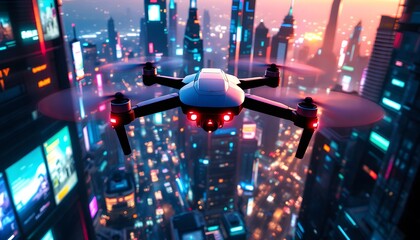 Drone Flying Over Futuristic Cyberpunk City