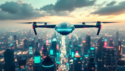 Drone Flies Over Illuminated Futuristic City