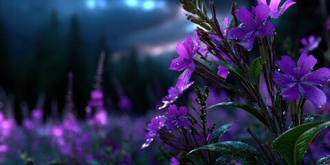 Colorful purple flowers bloom in a misty mountain meadow during the twilight hour