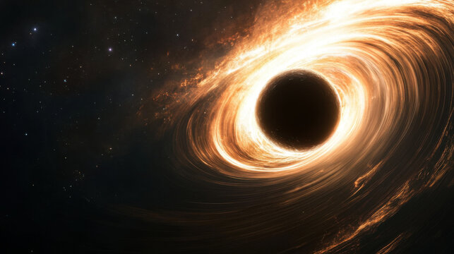 Fiery glowing black hole spinning in deep space with stars in the background