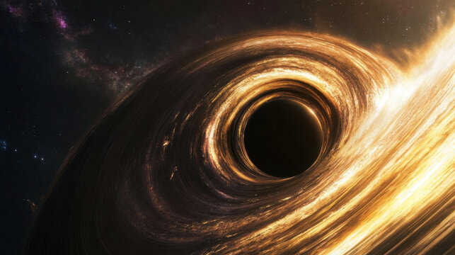 Close-up of a black hole with swirling glowing accretion disk in space