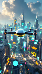 Drone Flying Over Futuristic Cityscape