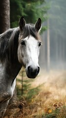 Majestic grey horse in a serene forest during early morning fog and golden light
