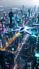 Drone Flying Over Futuristic City with Glowing Lights