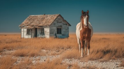 Horse standing in golden grass with an abandoned house in the background under a clear blue sky