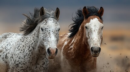 Two wild horses run energetically across the plains during a sunny day under a clear blue sky