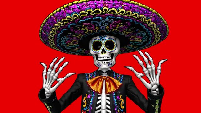 3D animated Mexican skeleton character wearing sombrero and colorful mariachi outfit, gesturing with hands. Isolated on red screen background, perfect for D&iacute;a de los Muertos content.