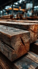 Sturdy wooden planks stacked in a lumber yard during the afternoon light showcasing natural textures and patterns