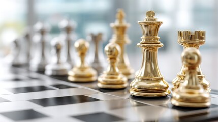 Close-up view of a gold queen piece on a black and white chessboard, highlighting the elegance and strategy involved in chess