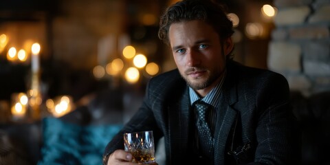 Stylish man enjoying a drink in a cozy, illuminated lounge on a winter evening