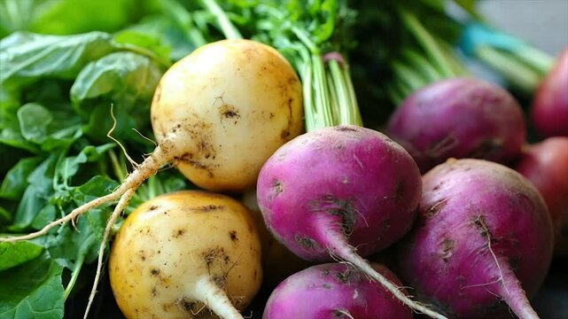 Freshly harvested yellow and purple turnips with spinach
