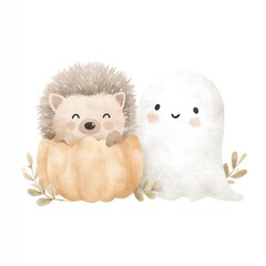 Adorable Watercolor Clipart A Happy Hedgehog snuggles inside a pumpkin with a friendly ghost nearby. Autumnal charm!