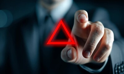 Businessman's hand reaching for a red warning triangle, suit in dark lighting - Powered by Adobe