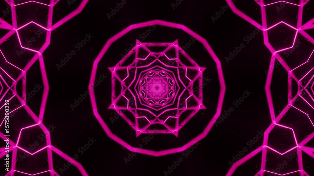 Poster animated 3d pattern with symmetrical straight neon beams on soft background, kaleidoscopic loop suit