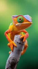 Colorful chameleon perched on a branch in lush environment