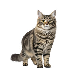 A beautiful tabby cat with striking green eyes sits attentively against a white background