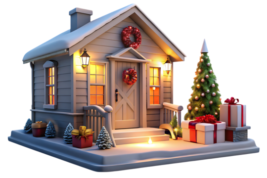 Festive Christmas cottage with wreath tree gifts and warm... isolated on a transparent background