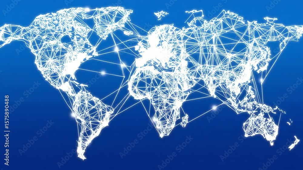 Poster interconnected world: a network of connections highlights continents on a blue background, represent