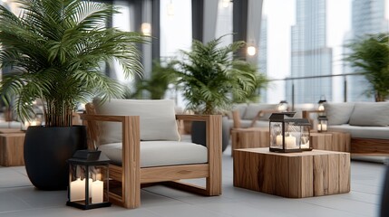 Obraz premium Nighttime rooftop terrace features modern seating, candles, and greenery, creating a cozy atmosphere with a stunning city view.