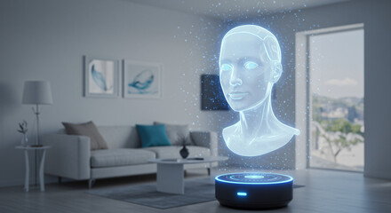 Digital Woman Projected from Smart Speaker in Living Room