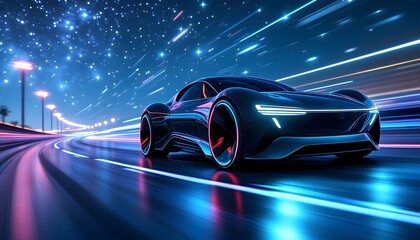 Futuristic Car on Road with Neon Light Streaks