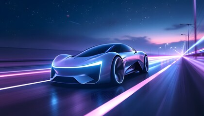 Futuristic Car Speeding on Highway at Night