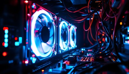 Computer Hardware with Cooling Fan and Red Blue Light