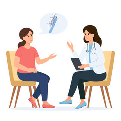 WConsultation with a trichologist.Alopecia and hair problems, baldness. Woman feeling upset because of hair loss.Vector Illustration
