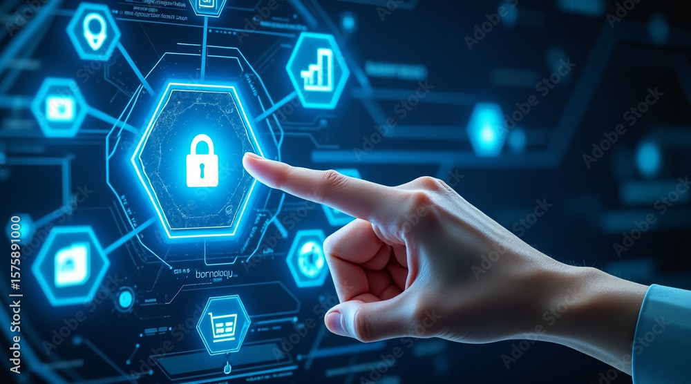 Poster hand touching a glowing blue digital interface with security and data icons