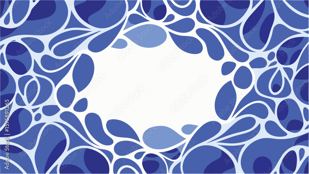 Poster abstract background with blue teardrop shapes and white outlines forming a frame like border design