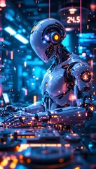 Robot Typing on Keyboard in Futuristic Environment