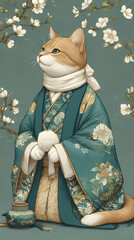 Elegant Japanese cat wearing a kimono, cherry blossom, cat illustration