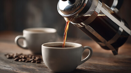 Pouring Fresh Coffee French Press Brew into White Cup with Coffee Beans