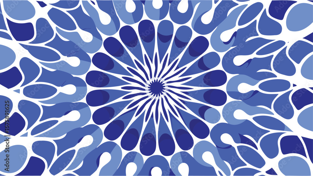 Poster a blue and white kaleidoscope pattern with teardrop shapes radiating from the center design element