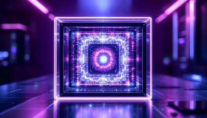 Abstract Neon Cube in Futuristic Tunnel