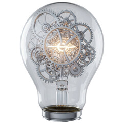 A clear glass lightbulb filled with intricate silver gears and mechanisms, symbolizing a bright idea and innovation, isolated on a transparent background
