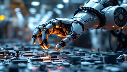Robot Hand Interacts with Computer Circuit Board