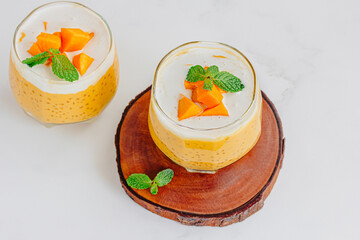 Mango Sago in a Glass Garnished with Fresh Mint, Dessert Photography