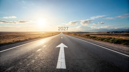 Fototapeta premium Horizon 2027 Road with Arrow Symbolizing Future Goals and Open Landscape Under Bright Sky