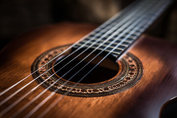 Fototapeta premium Close-up view of handcrafted acoustic guitar highlighting intricate details and fine craftsmanship