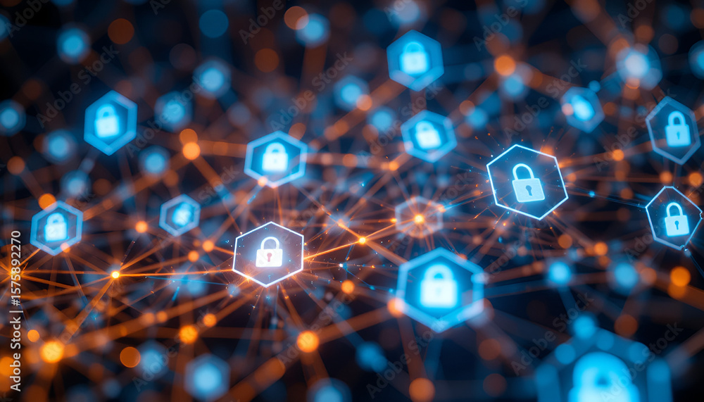 Aufkleber abstract network with glowing padlocks representing security and data protection in cyberspace world
