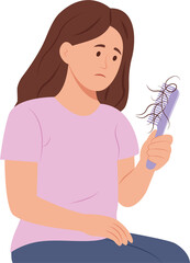 Woman feeling upset because of hair loss.Girl holding a comb with a strand of hair. Vector illustration