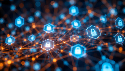 Obraz premium Abstract network with glowing padlocks representing security and data protection in cyberspace world
