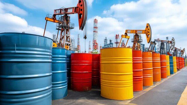 Colorful barrels near crude oil extraction site. Industrial landscape with pump jacks against blue sky. Brightly painted containers ready for material.